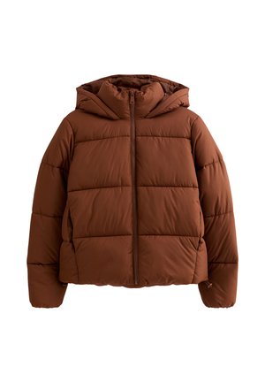 Bruine pufferjas met capuchon, ritssluiting aan de voorkant, lange mouwen en horizontale doorgestikte naden op een witte achtergrond.