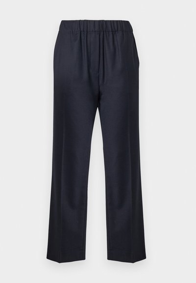 Navy blue trousers with an elastic waistband, straight-leg design, smooth texture, and no visible patterns.