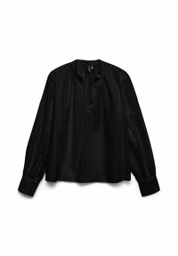 Svart långärmad blus i mjukt tyg med V-ringning, rynkade detaljer och åtsittande ärmslut. Enkelt, elegant design.