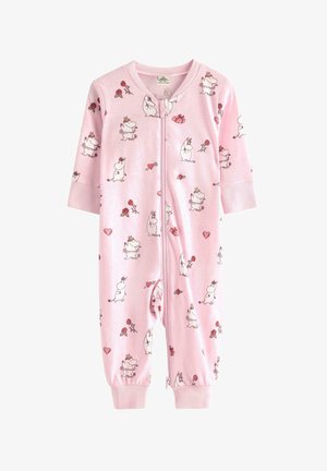 Tutina in cotone rosa con personaggi fantastici e motivi floreali. Presenta una chiusura con cerniera frontale e polsini aderenti a polsi e caviglie.