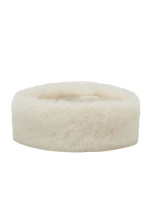 Round pet bed in soft, plush faux fur, cream color. Features a raised edge for support and a smooth, cushioned interior.