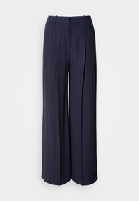 Pantalon large bleu marine à fines rayures blanches, avec passants de ceinture, plis sur le devant et fermeture éclair dissimulée.