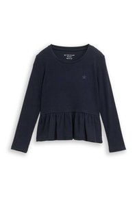 Marineblauw lang mouw top met een peplum ontwerp, gemaakt van ribbelstof. Heeft een kleine steraccent op de borst. Normale pasvorm.