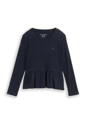 Granatowa bluzka z długim rękawem i fasonem peplum, uszyta z prążkowanej tkaniny. Posiada mały akcent w postaci gwiazdki na piersi. Klasyczny krój.