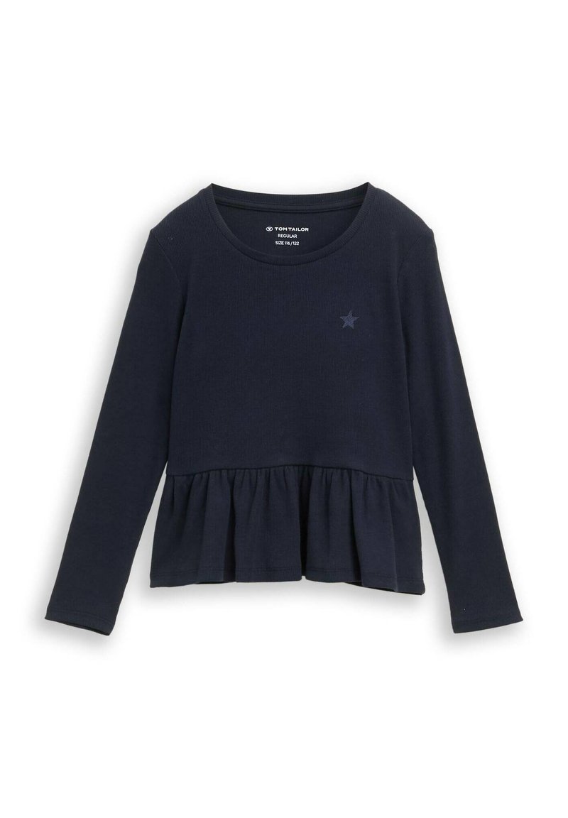 Marineblauw lang mouw top met een peplum ontwerp, gemaakt van ribbelstof. Heeft een kleine steraccent op de borst. Normale pasvorm.