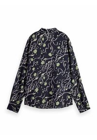 Langærmet skjorte i marineblå stof med et blomstermønster og svungne mønstre i lys grøn og hvid. Har klassisk krave og knapmanchetter.