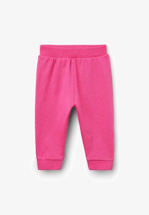 Pantalons de survêtement en coton rose avec une texture douce, taille élastique et poignets, conçus dans une silhouette fuselée pour le confort et la facilité d'enfilage.