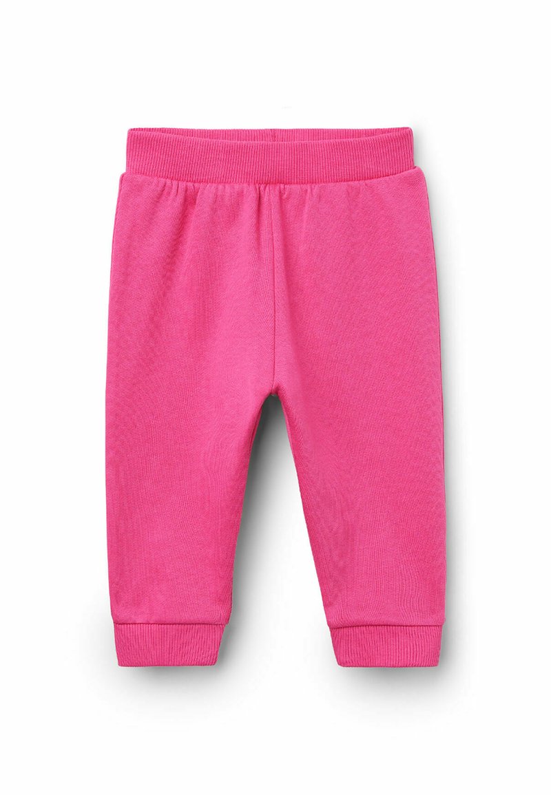 Růžové bavlněné tepláky s měkkou texturou, elastickým pasem a manžetami, navržené v zužujícím střihu pro pohodlí a snadné nošení.