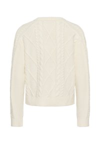 Kreminės spalvos megztinis su kabeliniu raštu, apvaliu iškirpimu, raukšlėtu hemu ir struktūriniais deimanto bei sukimų raštais.