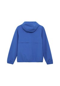Leichte blaue Jacke mit Kapuze, elastischen Bündchen und einer Rückentasche. Glatte Oberfläche, keine sichtbaren Muster oder Beschläge.