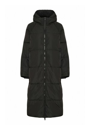 Schwarze Pufferjacke mit Kapuze, mit Reißverschluss, langen Ärmeln und Seitentaschen. Strukturierte, gesteppten Einsätze sorgen für Details.