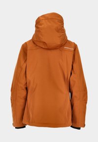 Orangen wasserabweisender Jacke mit Kapuze, die eine glatte Textur, schwarze Akzente und ein Logo auf dem oberen Rücken zeigt. Rückansicht dargestellt.