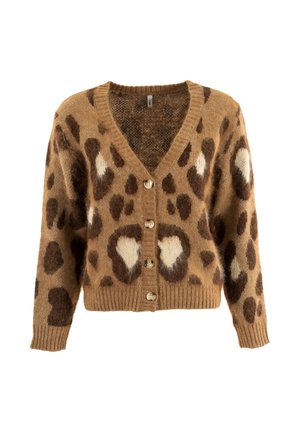 Cardigan a stampa animale marrone realizzato in materiale morbido. Presenta una profonda scollatura a V, polsini a costine e sei bottoni di chiusura con bottoni beigi.