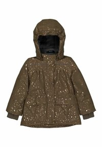 Braune gepolsterte Jacke mit Kapuze, die ein gesprenkeltes Muster aufweist, zwei Fronttaschen mit Druckknopfverschluss und gerippten Bündchen.