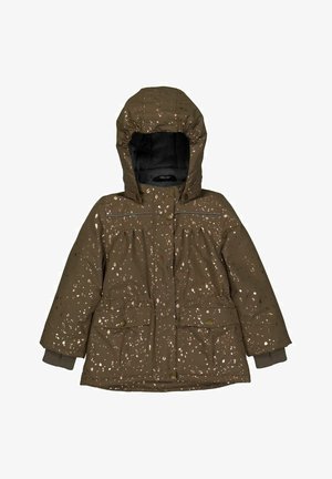 pruunist voodriga jakk kapuutsiga, millel on täppidega muster, kaks esist taskut nööpidega ja soonikuga mansetid.