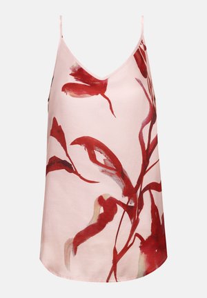 Lichtroze mouwloze top met dunne bandjes en een abstracte rode bloemenprint over de voorkant en zijkanten.