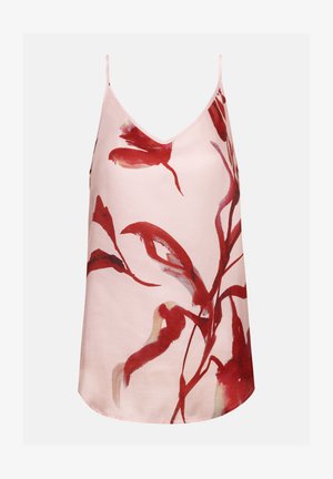 Lichtroze mouwloze top met dunne bandjes en een abstracte rode bloemenprint over de voorkant en zijkanten.