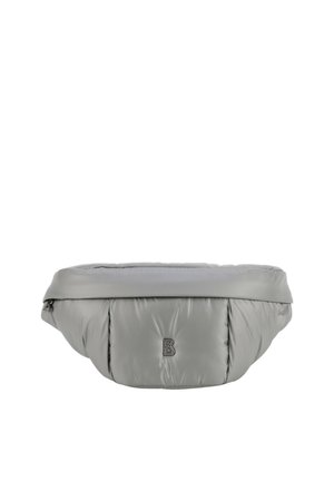 Borsa vita imbottita grigia con una texture liscia e lucida, dotata di una tasca frontale con zip e un logo sulla parte esterna.