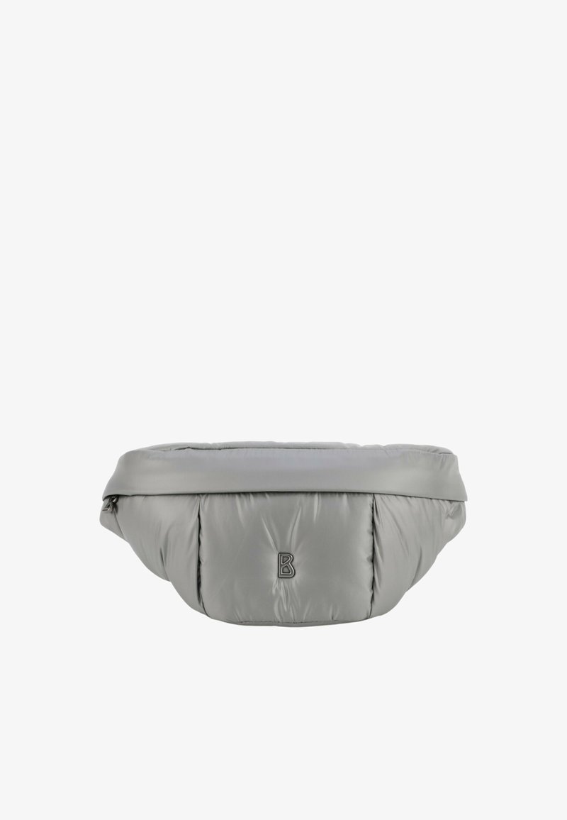 Siva oblazina pasna torba z gladko, sijajno teksturo, ki ima sprednjo žepsko zadrgo in logotip na zunanjosti.