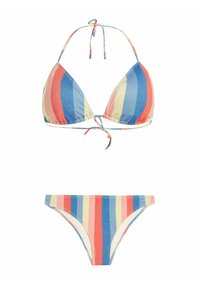 Stribet bikini sæt bestående af en trekantet top og lavtaljet bund. Farverne inkluderer blå, rød og beige med en let shimmer. Snøres i nakken og bag på.
