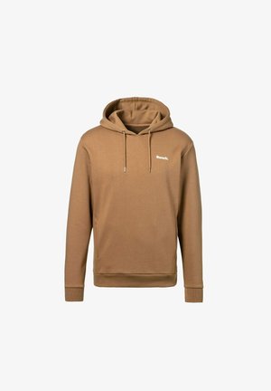 Brown cotton hoodie featuring a kangaroo pocket, ribbed cuffs, and a white logo on the chest. Soft texture and relaxed fit.