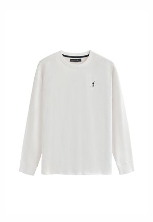 Langärmliges weißes T-Shirt aus Baumwolle mit Rundhalsausschnitt und einem kleinen schwarzen Logo auf der linken Brust. Der Saum ist gerade ohne zusätzliche Muster.