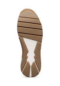 Sulan på en sneaker, med en ruggad brun gummibas, vita accenter och en distinkt geometrisk design med texten "VOILE BLANCHE" präglad.