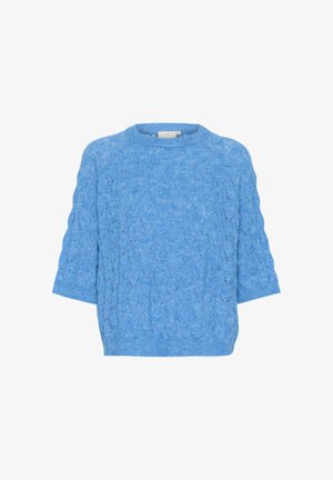 Svetlomodrý pletený sveter s textúrovaným káblovým vzorom, s trojštvrťovými rukávmi a rebrovaným výstrihom a lemom.