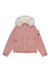 Różowa, pikowana kurtka z kapturem z sztucznym futrem. Posiada dwie przednie kieszenie oraz regulowany dół. Materiał wygląda na wytrzymały i ma gładką teksturę.