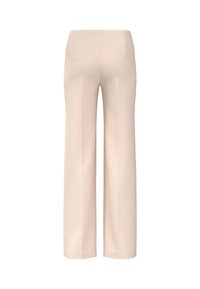 Beige high-waist wide-leg trousers with a smooth front and back seam, designed for a tailored fit and clean silhouette.