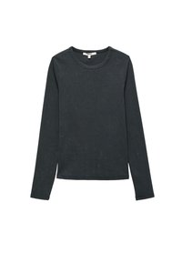 Langärmliges Shirt in Dunkelgrau, aus weichem Rippstoff. Verfügt über einen Rundhalsausschnitt und einen geraden Saum ohne sichtbare Muster oder Akzente.