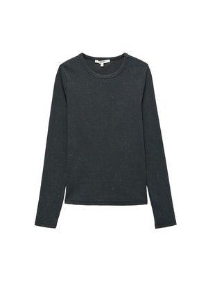 Langärmliges Shirt in Dunkelgrau, aus weichem Rippstoff. Verfügt über einen Rundhalsausschnitt und einen geraden Saum ohne sichtbare Muster oder Akzente.