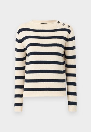 Striped sweater in cream and navy blue, featuring a round neckline, long sleeves, and three decorative buttons on the left shoulder.
