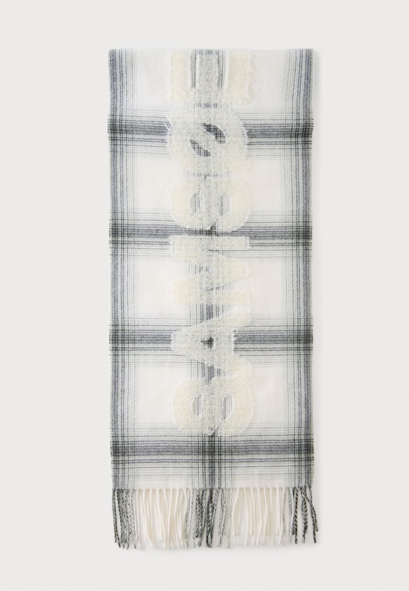 Écharpe à carreaux blancs et gris avec extrémités effilochées et texte blanc en relief lisant "ACNE STUDIOS" verticalement au centre.