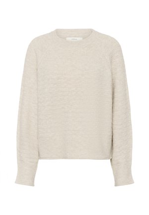 Bézs színű kötött hosszú ujjú pulóver kerek nyakkal, bordázott mandzsettákkal és szegéllyel, finom texturált mintával.