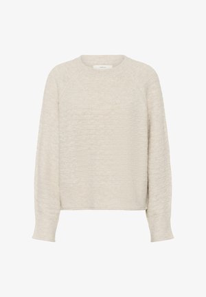 Bézs színű kötött hosszú ujjú pulóver kerek nyakkal, bordázott mandzsettákkal és szegéllyel, finom texturált mintával.