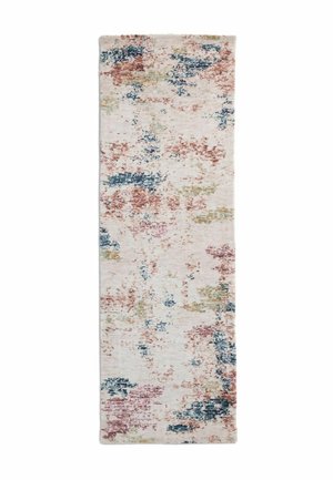 Rechteckiger Teppich mit cremefarbenem Hintergrund und abstrakten Mustern in Blau, Pink, Grün und Braun, die über die Oberfläche verteilt sind.