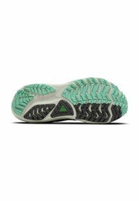 Shoe outsole featuring a multi-directional tread pattern. Predominantly mint green with black accents and textured rubber for grip.