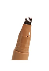Brow pen met een taps toelopend, bruin kunststof lichaam en een applicatorpunt met vijf tuiten, ontworpen voor nauwkeurige wenkbrauwdetails.