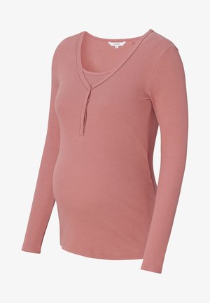 Langsleeve geribbelde dusty pink zwangerschapsblouse met V-hals en binnenpaneel voor borstvoedingsgemak.
