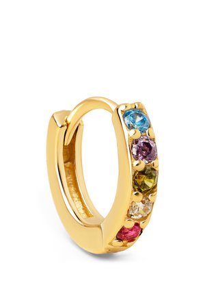 Guld ørering i hårring med fem runde ædelstene i blå, lilla, grøn, klar og rød, sat i en lodret række langs den ydre kant.