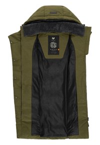 Olive green jacket with a soft, black-lined interior. Features a fur-lined hood, snap buttons, and a printed label inside.