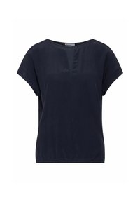 Granatowa bluzka z krótkim rękawem i dekoltem w kształcie litery V, wykonana z gładkiego materiału. Posiada luźny krój oraz marszczoną linię dołu.
