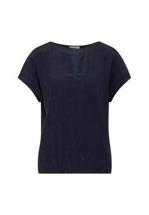 Haut à manches courtes bleu marine avec un col en V, fabriqué en tissu lisse. Présente une coupe décontractée et un ourlet froncé en bas.