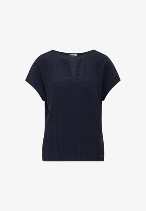Donkerblauwe top met korte mouwen en een V-hals, gemaakt van soepele stof. Heeft een losse pasvorm en een geraffineerde zoom aan de onderkant.