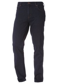Jean denim bleu foncé à jambes droites avec poches avant, passants de ceinture et fermeture par bouton à la taille, présenté sur fond blanc.