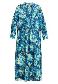 Robe maxi florale à manches longues, avec une base marine et des fleurs bleues et jaunes, patte de boutonnage et coupe décontractée.