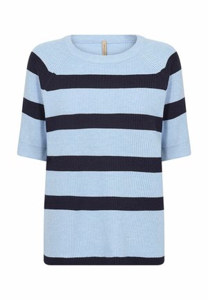 Blue and navy striped knit sweater with a crew neckline and short sleeves; ribbed texture with contrasting horizontal stripes.