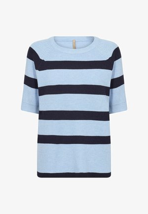 Maglione a righe blu e blu navy in maglia con scollo rotondo e maniche corte; texture a coste con righe orizzontali contrastanti.