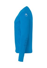 T-shirt de sport à manches longues de couleur bleu vif, fabriqué en tissu lisse. Présente un motif géométrique sur le devant et des accents texturés sur les manches.